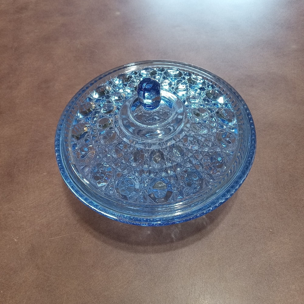 Vintage Blue Glass Covered Candy Dish